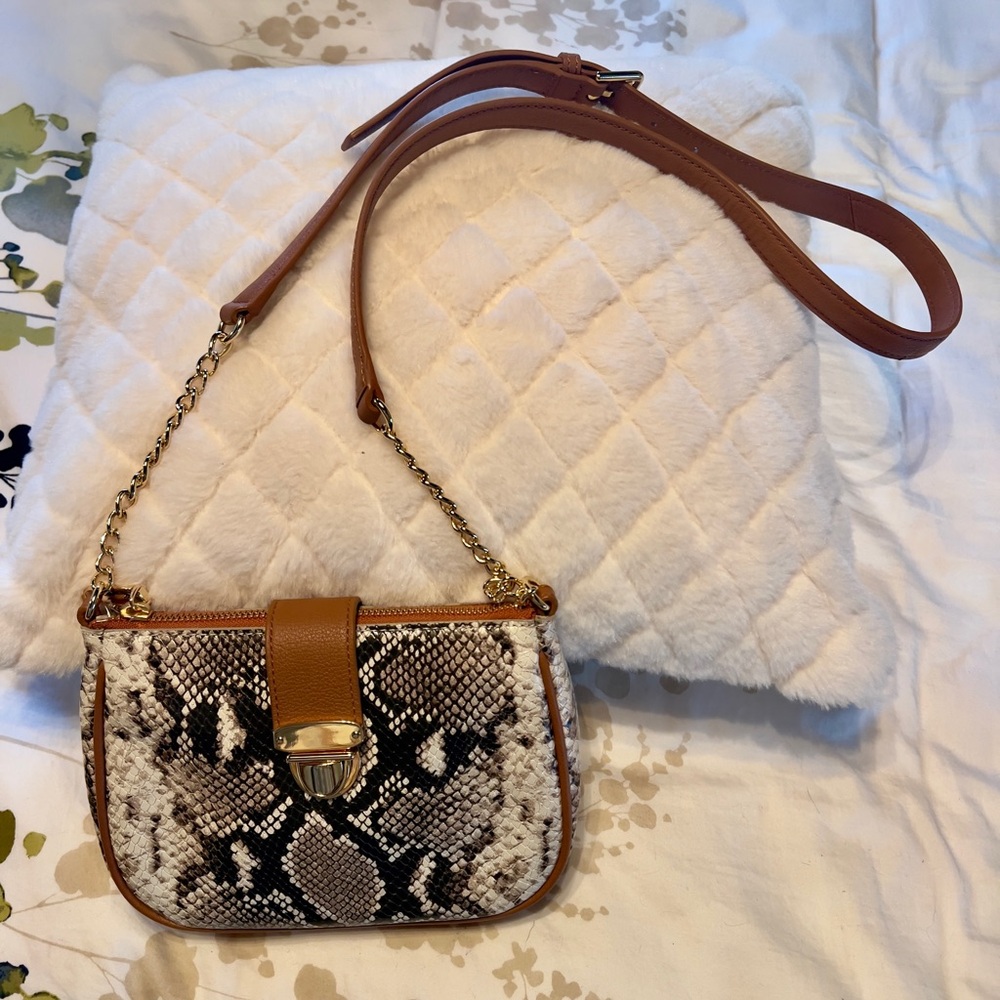 Talbots snakeskin print leather crossbody with cognac leather shoulder strap
